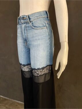 Nensi Dojaka Sheer Lace Panel Wide Leg Jeans Blue Black XS NWOT